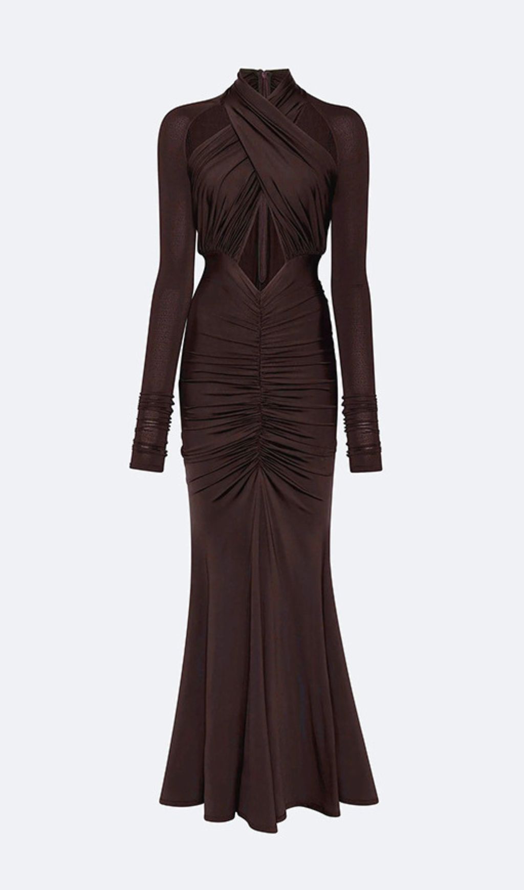 Inaya Coffee Elegance: Ruched Cut-Out Long Sleeve Maxi Dress