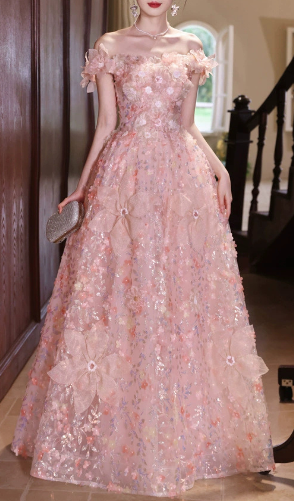 Harmony Pink Flower Sequin Maxi Dress