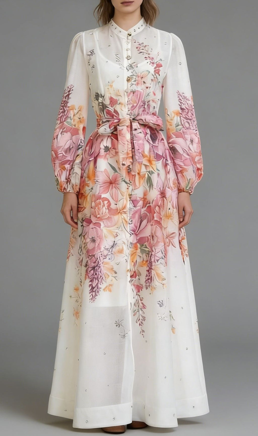Karishma Floral Maxi Dress | Elegant Long Sleeve Tie-Waist Gown