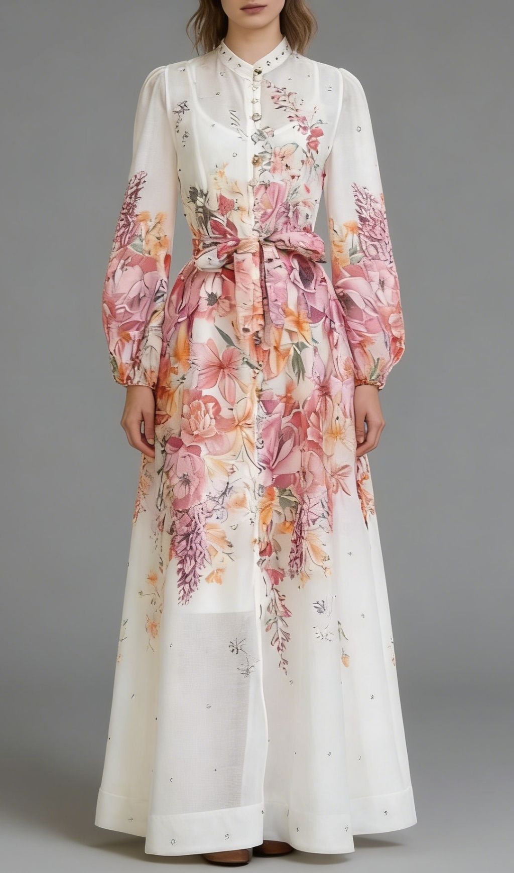 Karishma Floral Maxi Dress | Elegant Long Sleeve Tie-Waist Gown