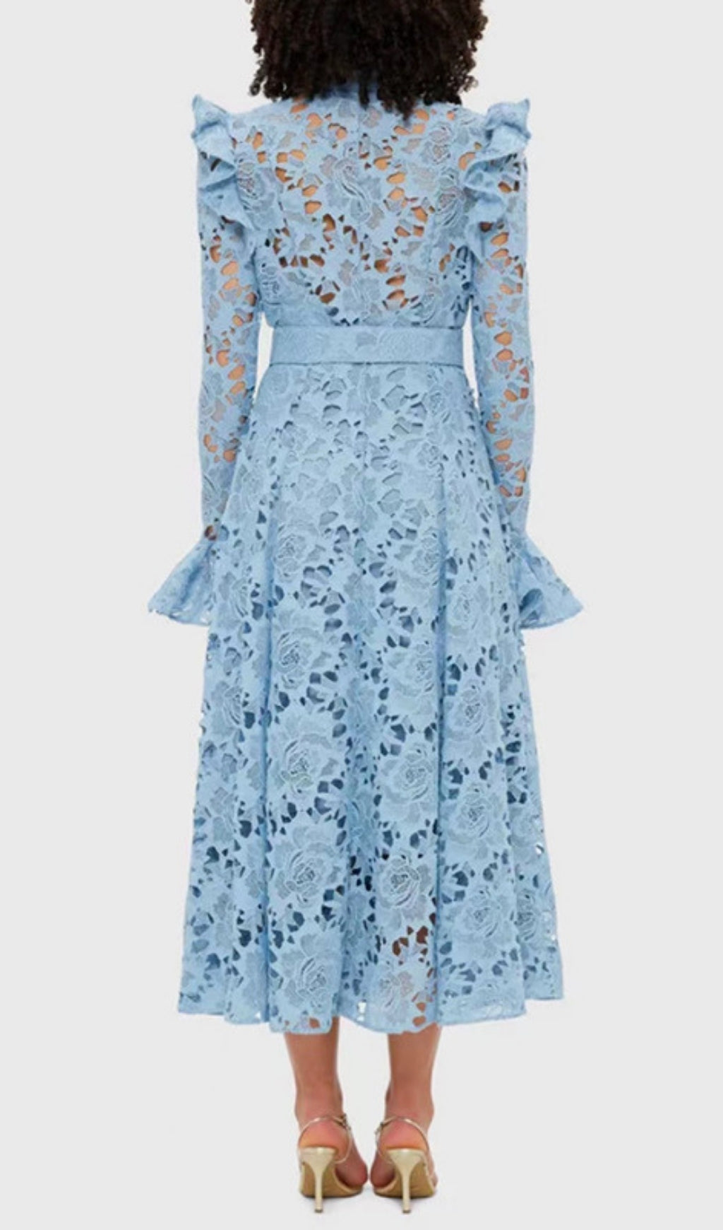 Elea Blue Embroidery Long Sleeve Midi Dress