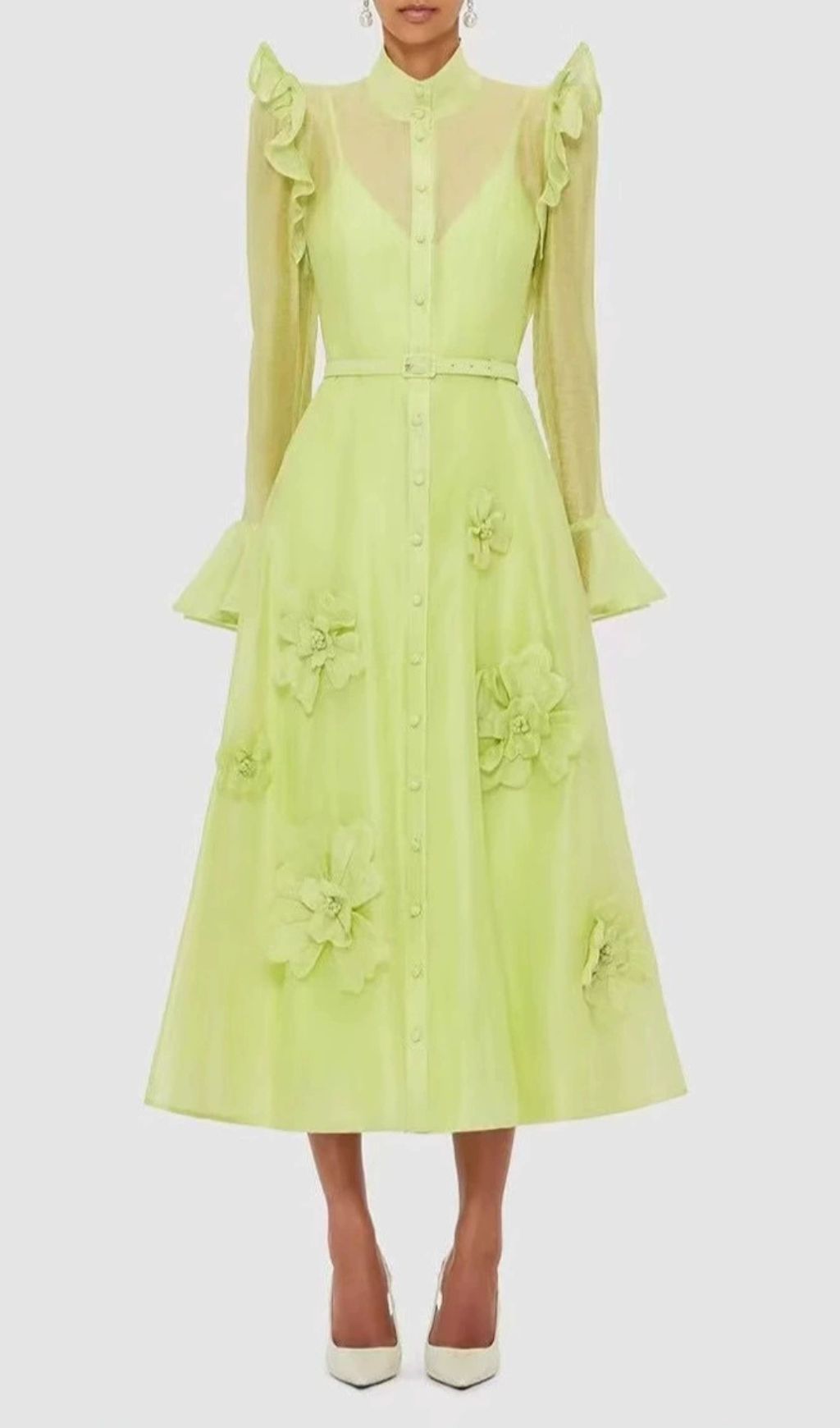 Elula Green Long Sleeve Flower Midi Dress