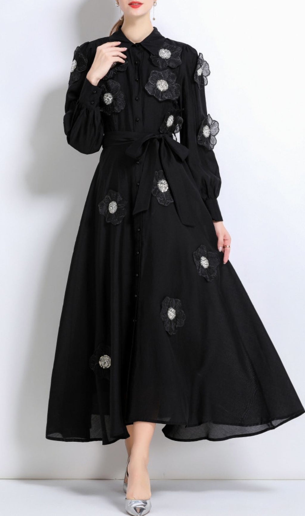 Holly Black Flower Long Sleeve Midi Dress