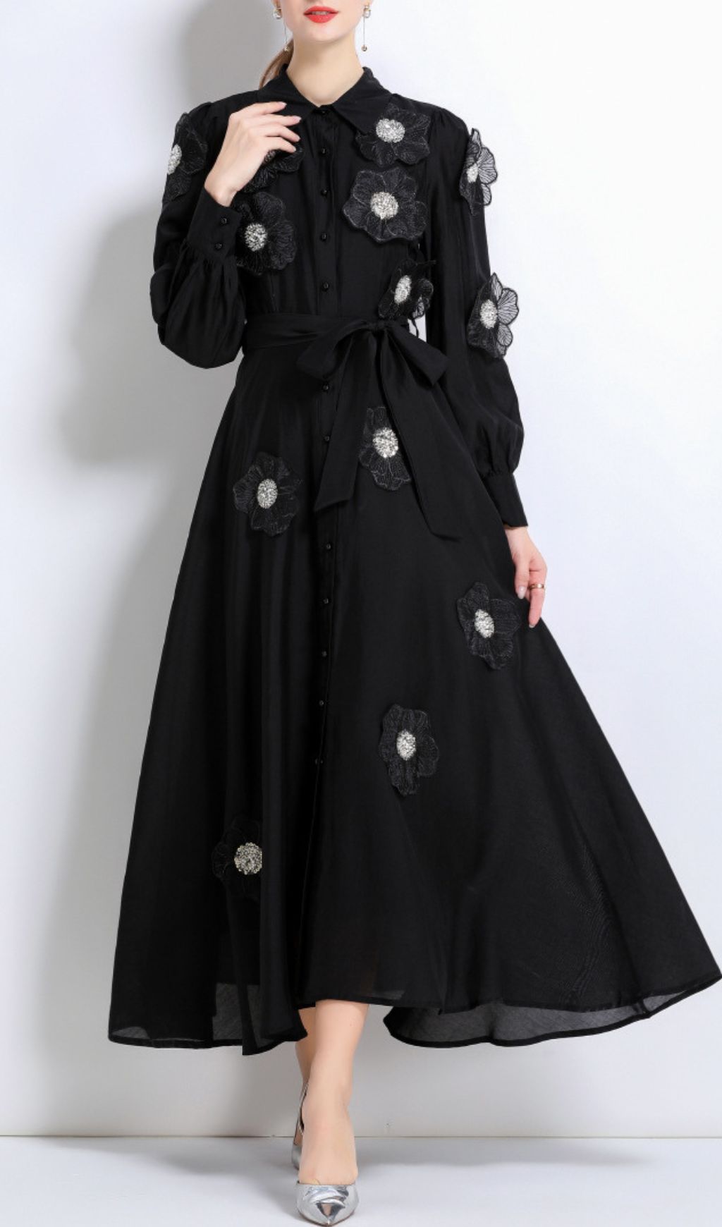 Holly Black Flower Long Sleeve Midi Dress