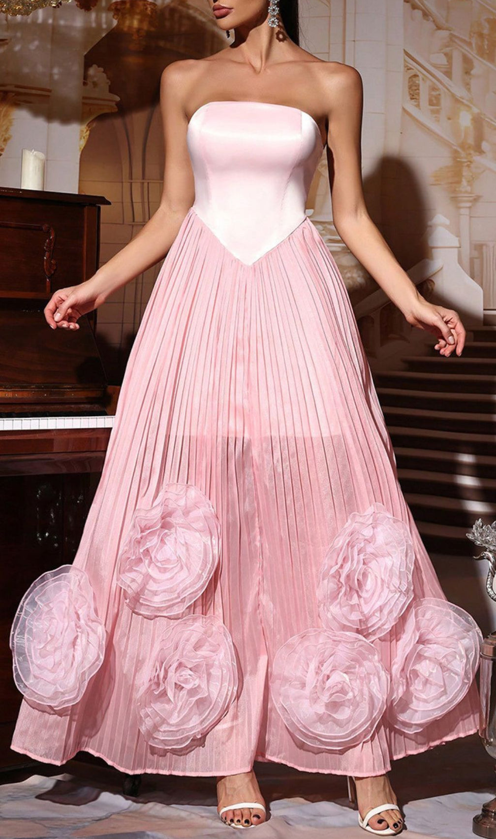 Florinda Pink Strapless Flower Pleated Maxi Dress
