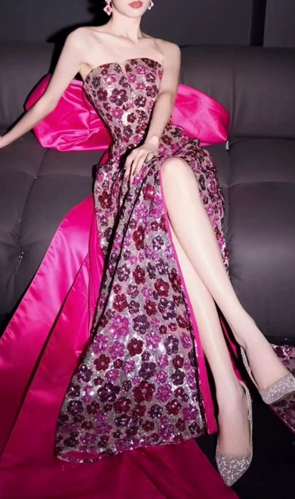 Famke Strapless Bow Flower Sequin Maxi Dress