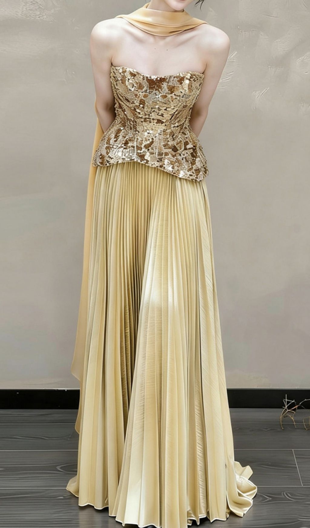 Kriti Gold Strapless Pleated Maxi Dress