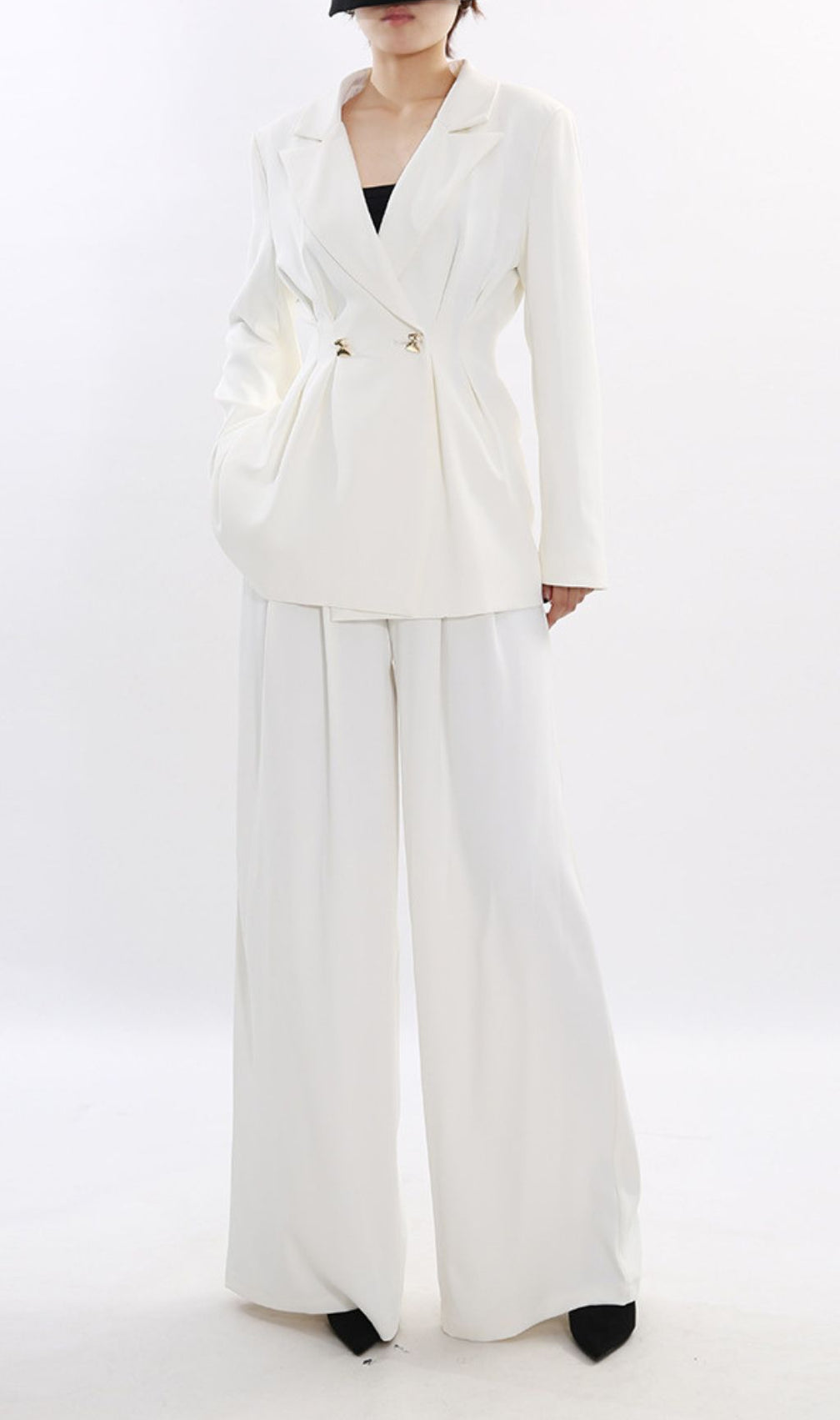Janine Chic White Power Suit Set: Tailored Blazer & Wide-Leg Trousers