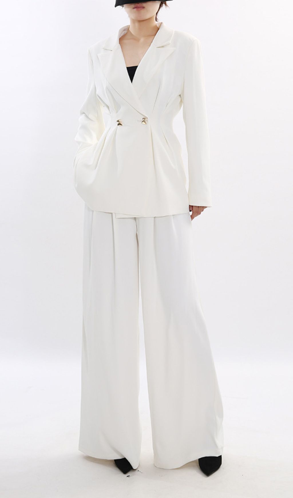 Janine Chic White Power Suit Set: Tailored Blazer & Wide-Leg Trousers