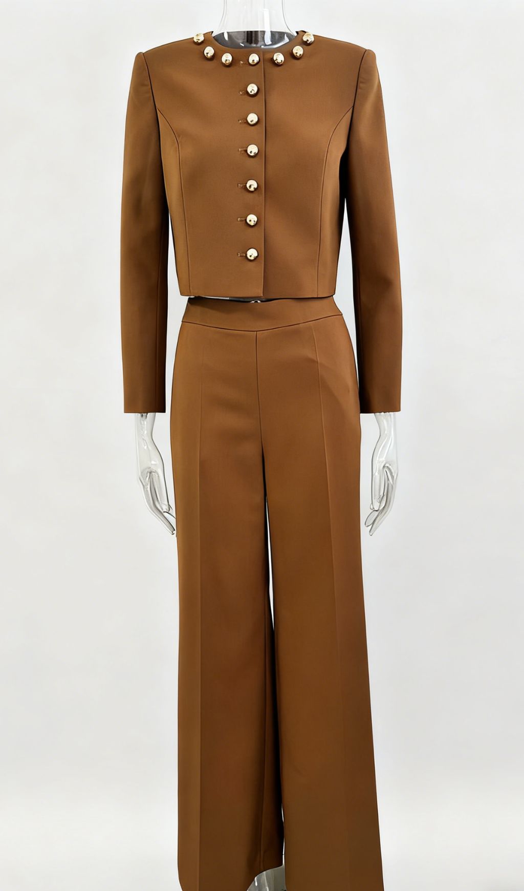 Jennifer Chic Gold Button Cropped Jacket & Wide-Leg Pants Set