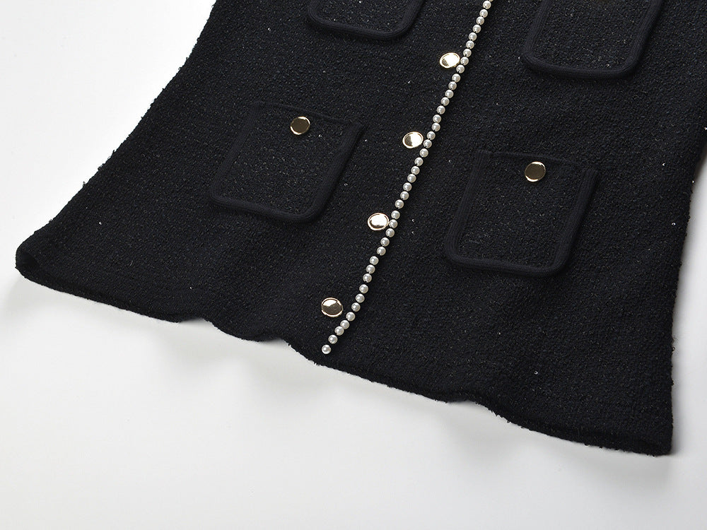 Chic Black Sparkle Tweed Sleeveless Vest Top with Pearl Buttons