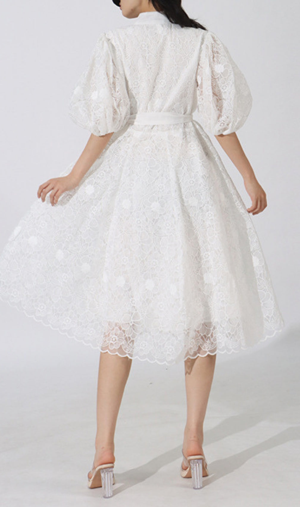 Emeril Puff-Sleeve Embroidery Midi Dress