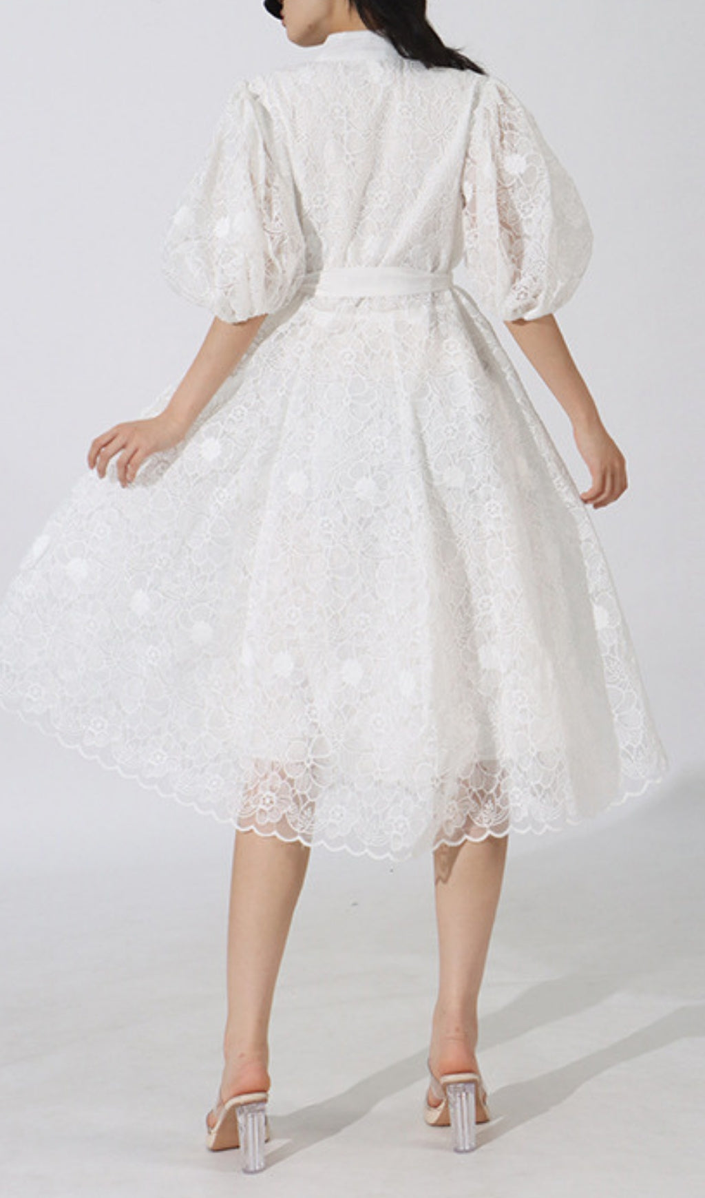 Emeril Puff-Sleeve Embroidery Midi Dress