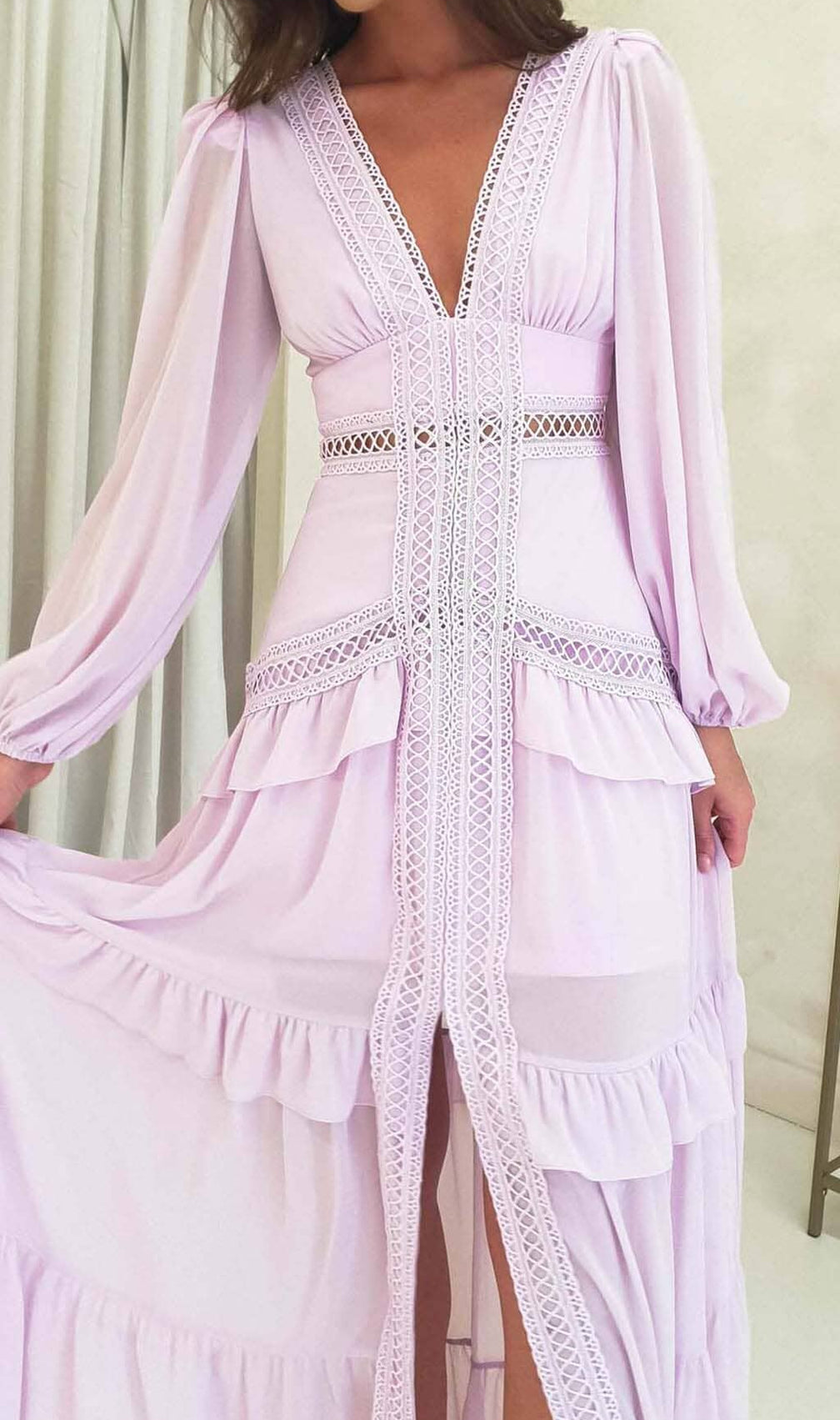 Long Sleeve Ruffle Maxi Dress In Lilac