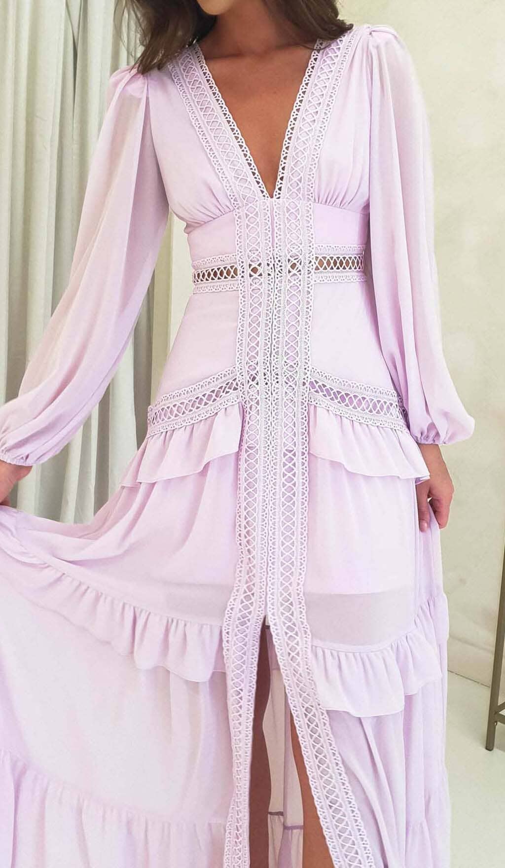 Long Sleeve Ruffle Maxi Dress In Lilac