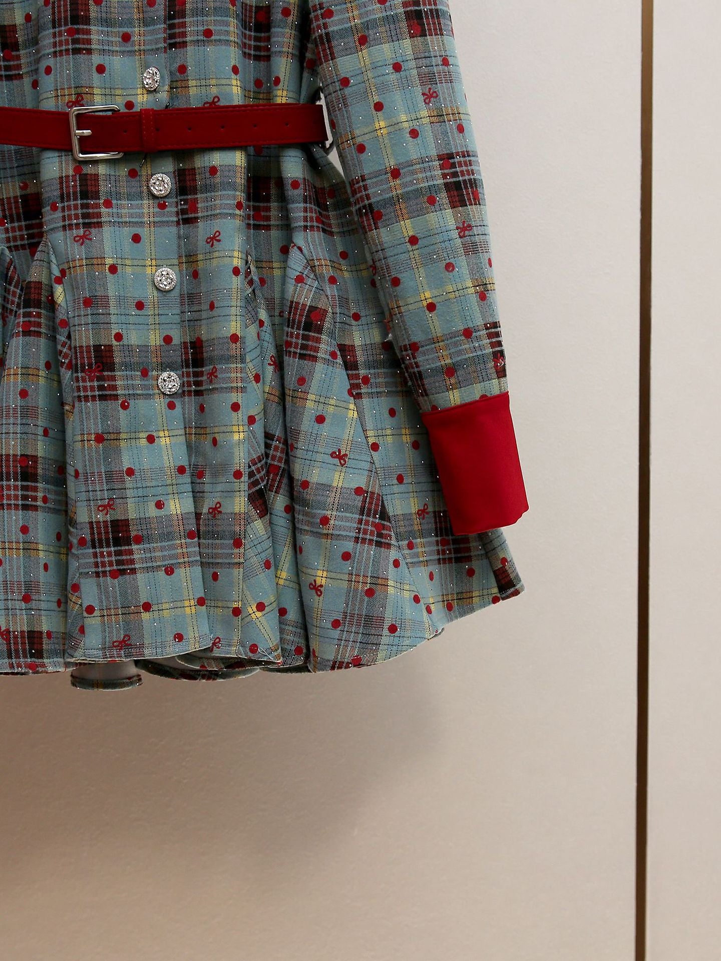 Humla Plaid Bow Mini Dress with Red Collar & Belt - Festive Chic for Women