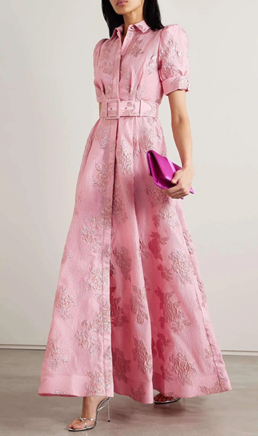 Cenobia Pink Embossed Belt Maxi Dress