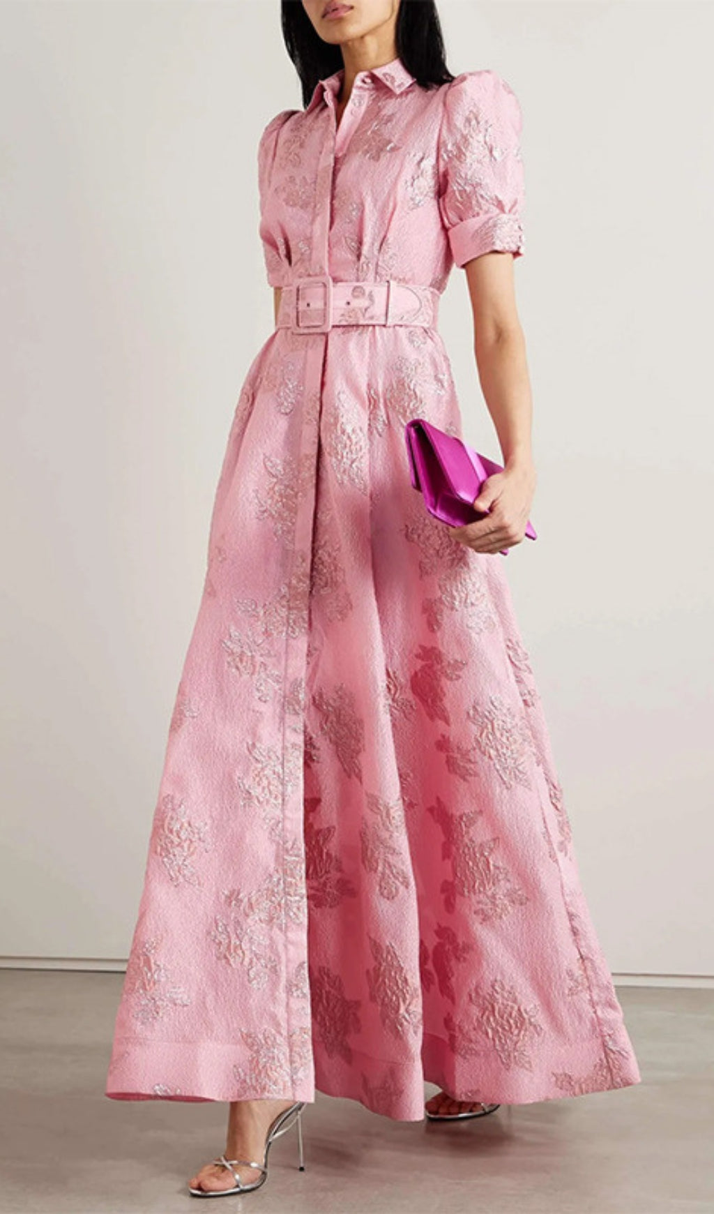 Cenobia Pink Embossed Belt Maxi Dress