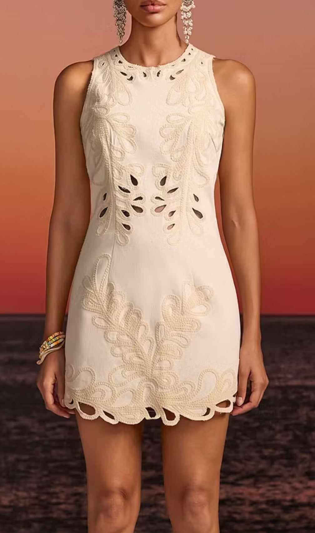 Delrix Intricate Laser-Cut Sleeveless Mini Dress - Chic Resort & Party Style