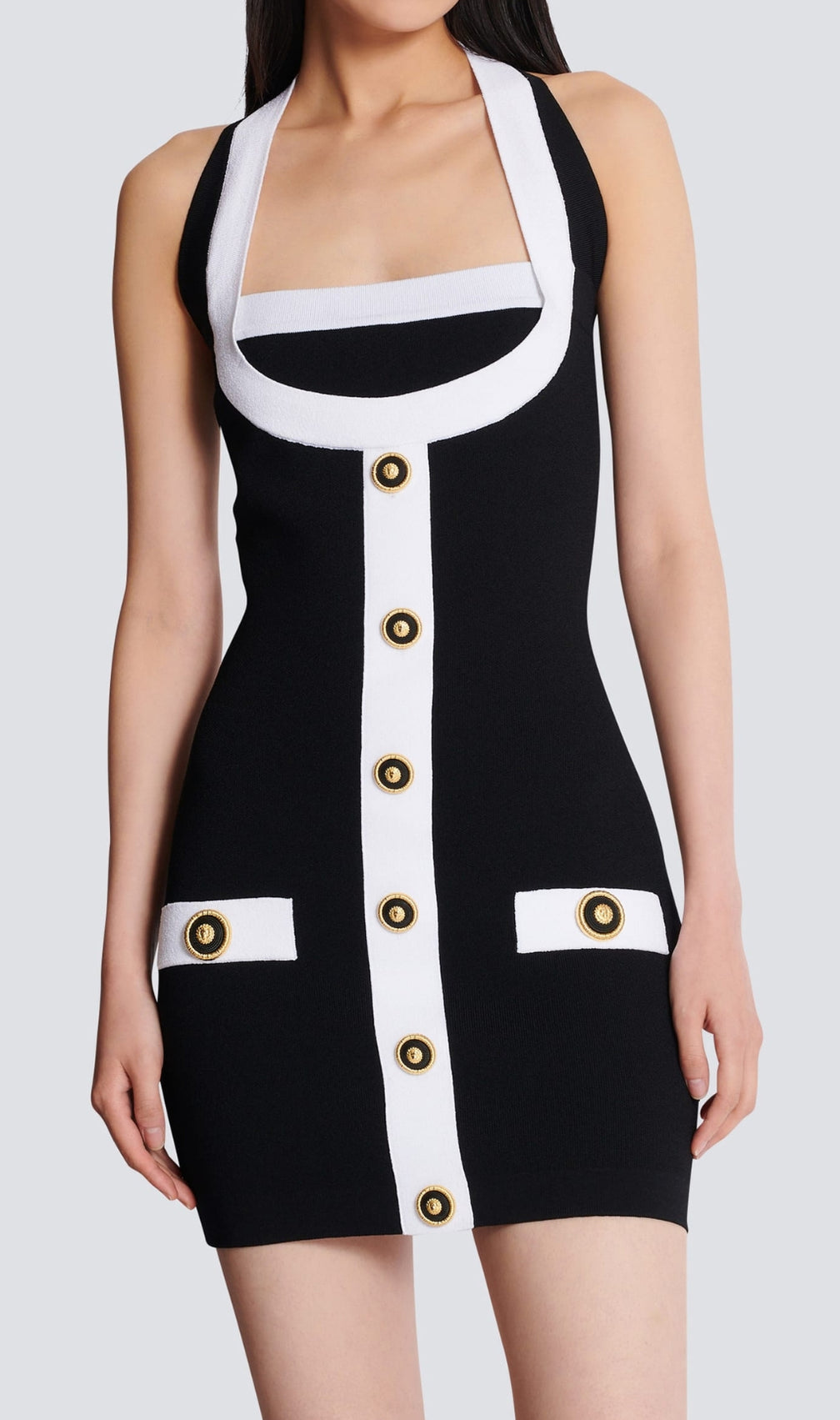 Clotho Black Halter Button Mini Bandage Dress