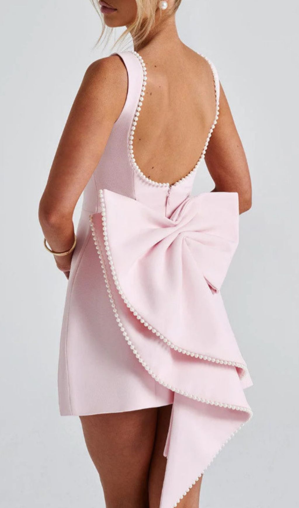 Eimear Pink Pearl Bow Backless Mini Dress - Chic & Alluring