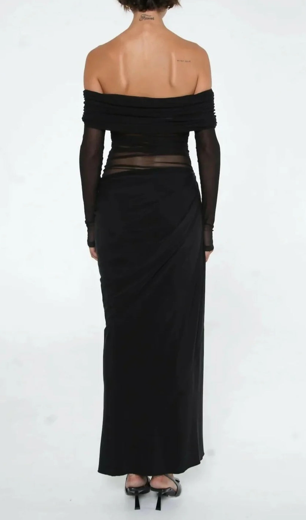 Dawood Black Off-Shoulder Long Sleeve Mesh Maxi Dress