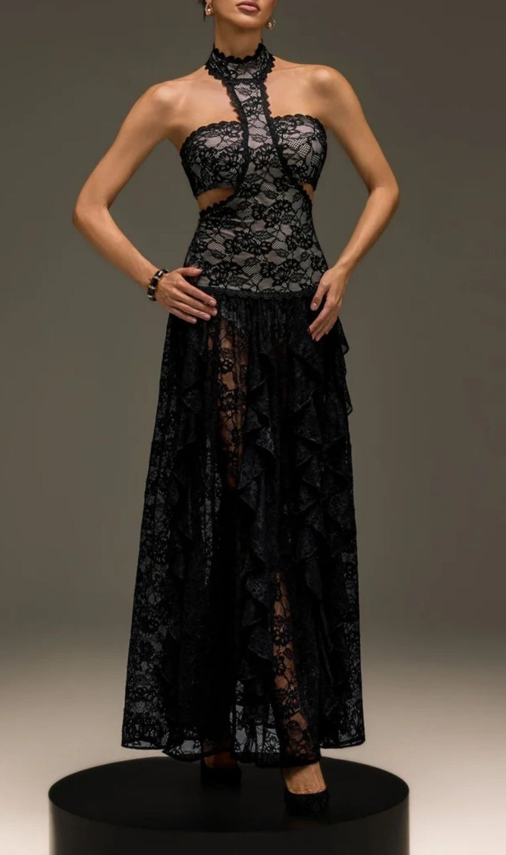 Stunning Gavelyn Black Lace Halterneck Maxi Dress with Chic Cutouts