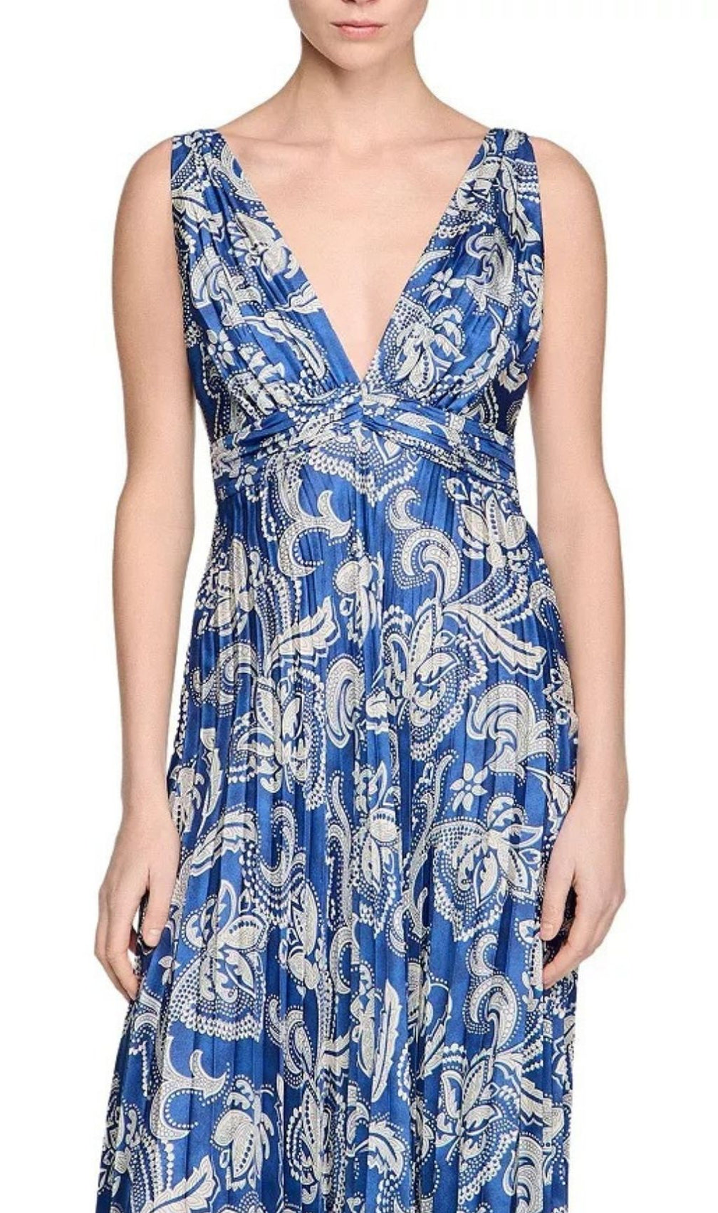 Elegant Blue & White Floral Pleated V-Neck Maxi Dress for Women