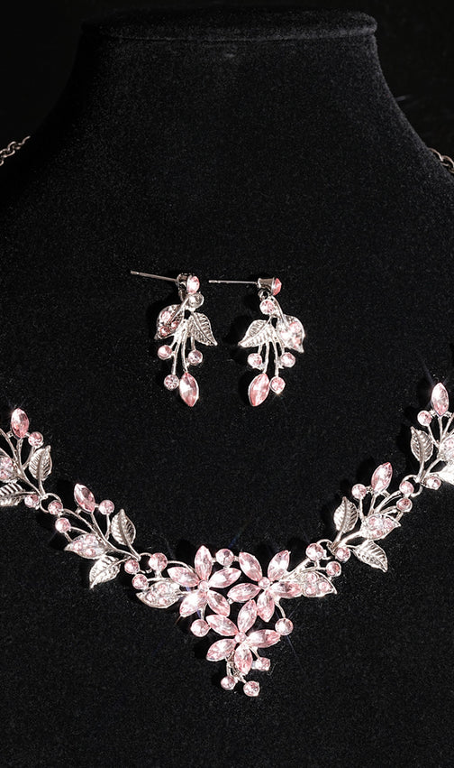 Juelz Sparkling Pink Crystal Flower & Leaf Necklace & Earrings Set