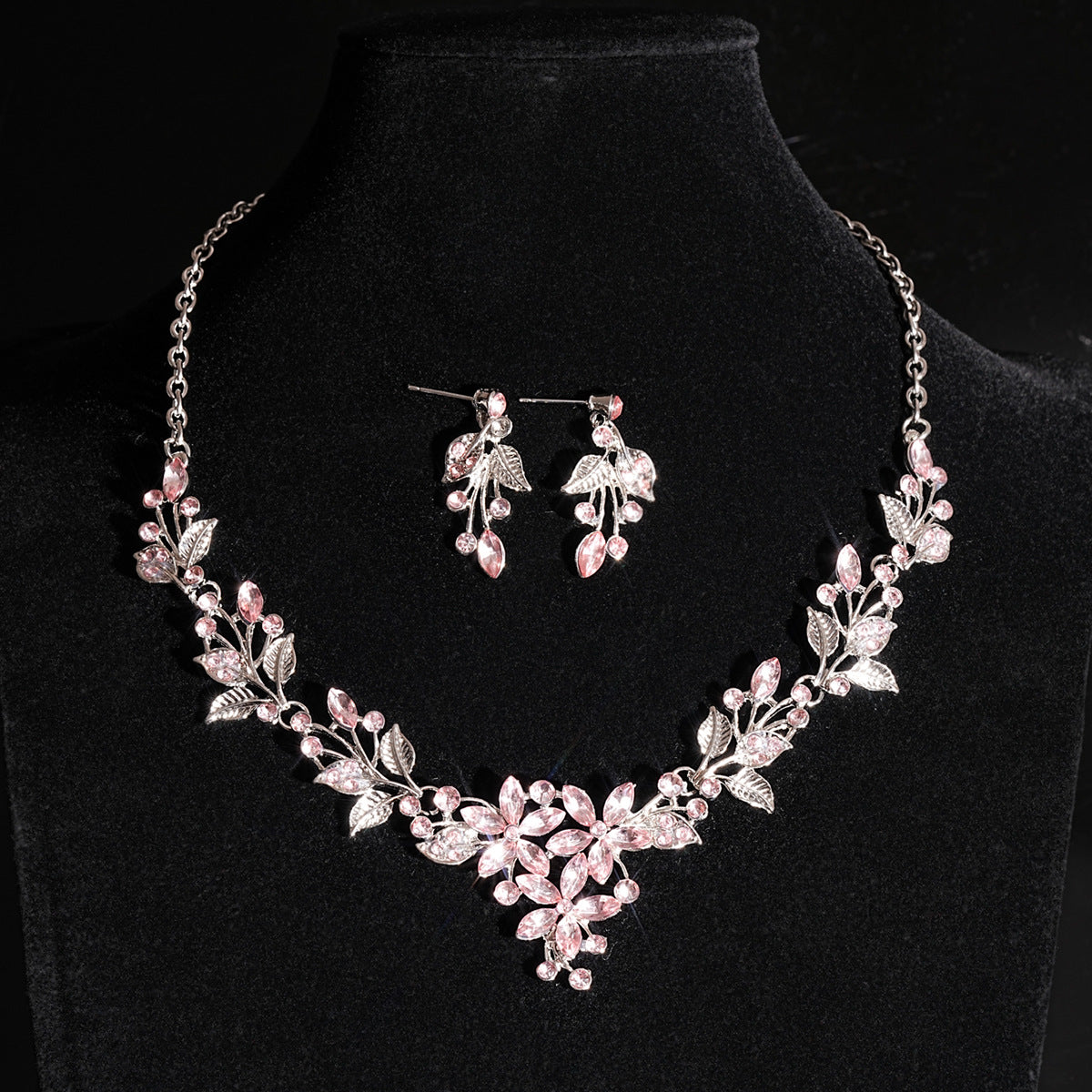 Juelz Sparkling Pink Crystal Flower & Leaf Necklace & Earrings Set