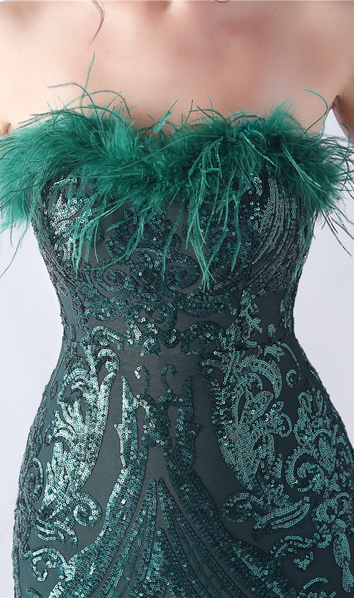 Choire Green Sequin Feather Maxi Dress