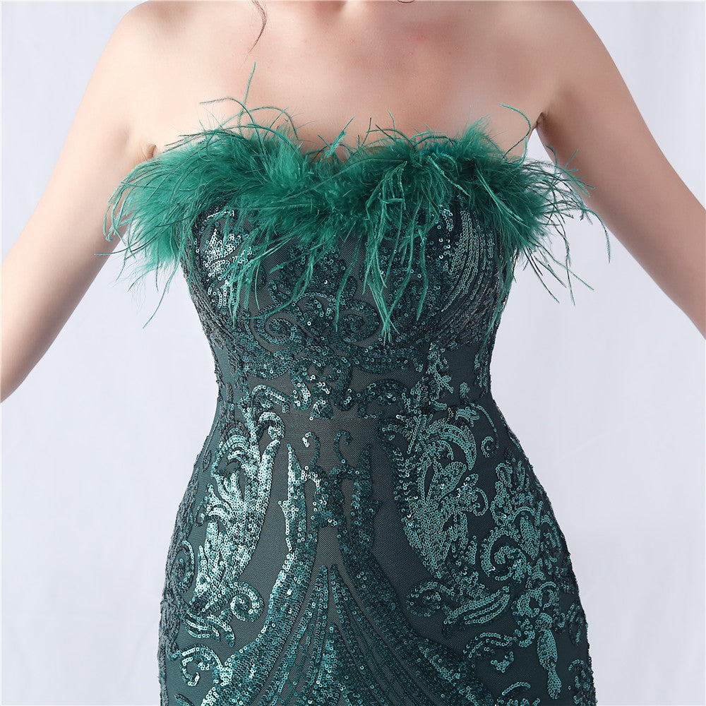 Choire Green Sequin Feather Maxi Dress