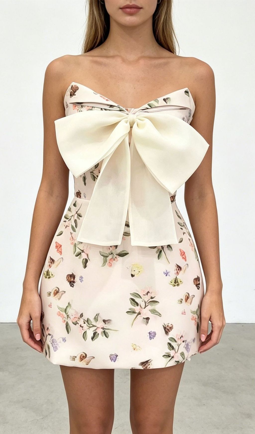 Krishna Strapless Bow Floral Mini Dress