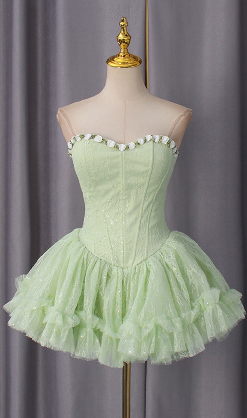 Karmina Glam Green Strapless Corset Ruffle Mini Dress