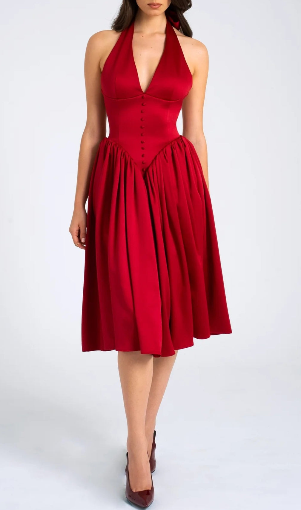 Chrissy Red Plunging Halter Backless Maxi Dress
