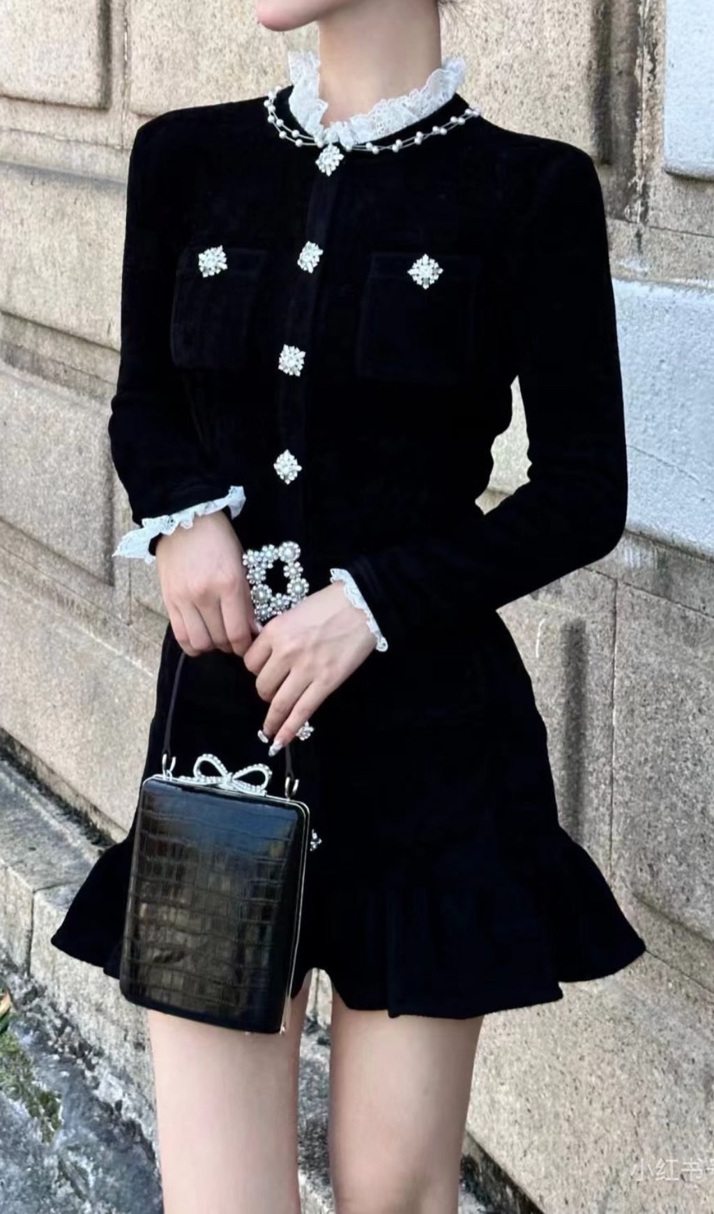 Hiraani Black Velvet Glam Mini Dress | Luxe Ruffle Lace & Crystal Embellishments