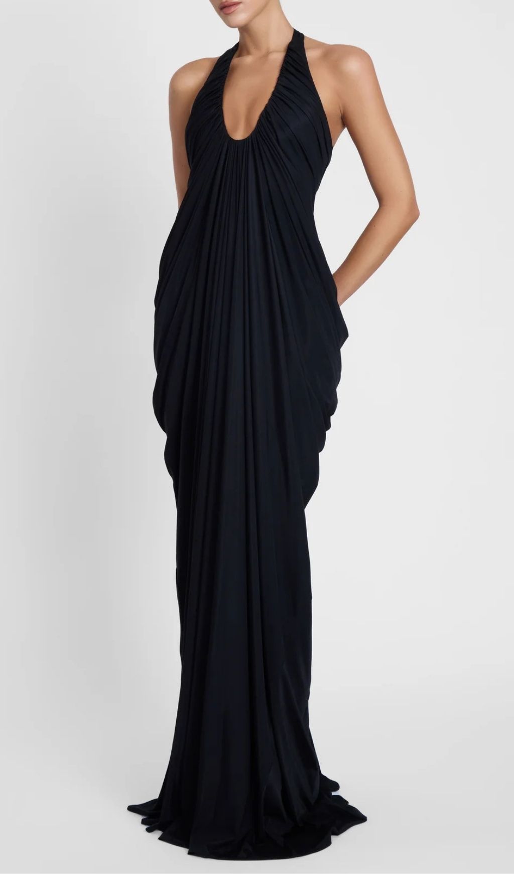 Kenza Black Halter Pleated Maxi Dress | Elegant Evening Gown