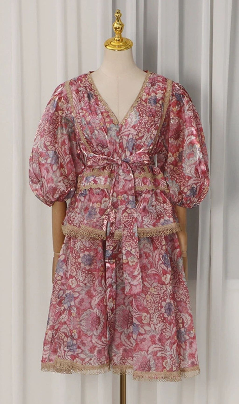 Kirra Red V-Neck  Printed Puff Sleeve Midi Dress