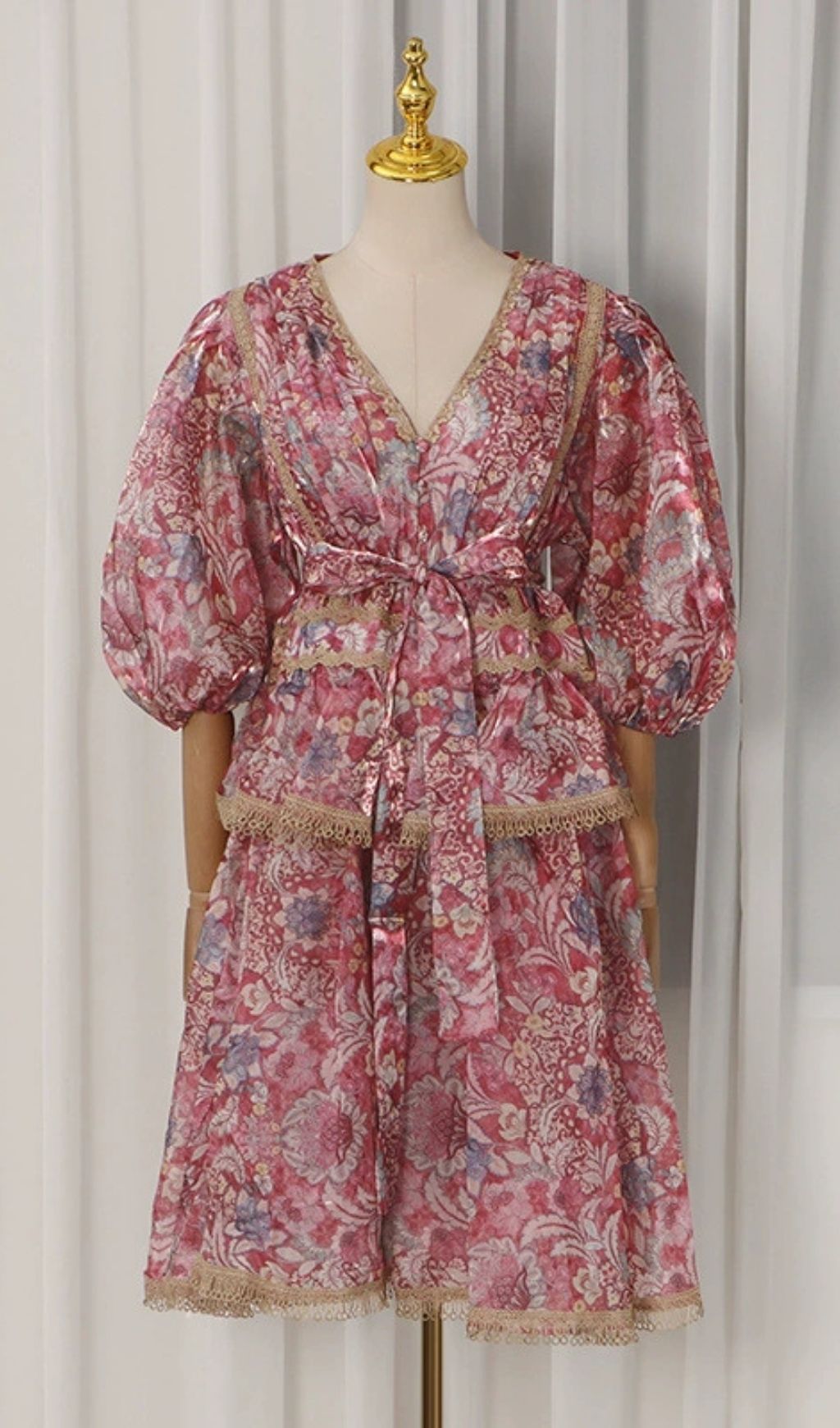 Kirra Red V-Neck  Printed Puff Sleeve Midi Dress