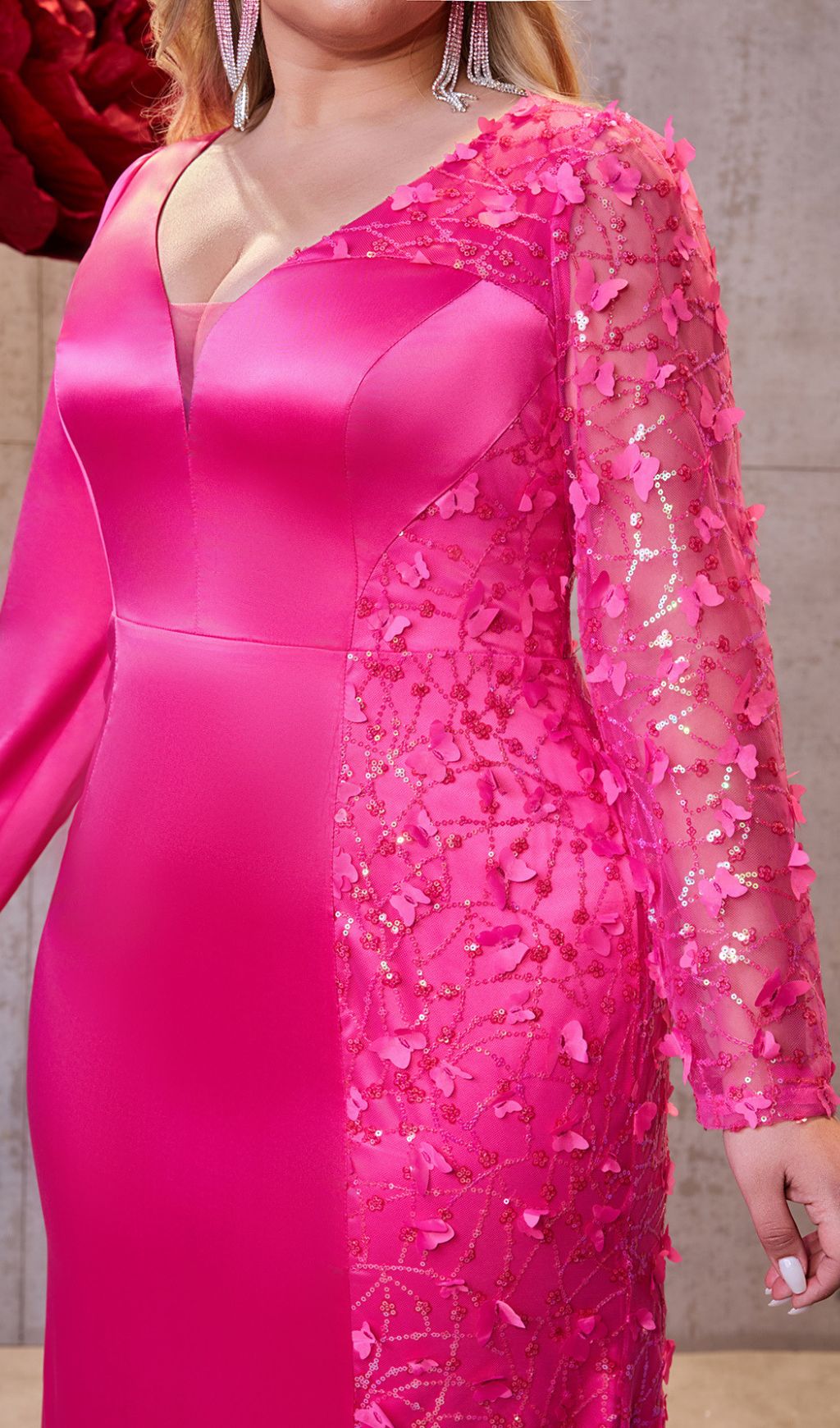 Idina Glamour Pink Plus Size Long Sleeve Sequin Maxi Dress - Formal Evening Gown