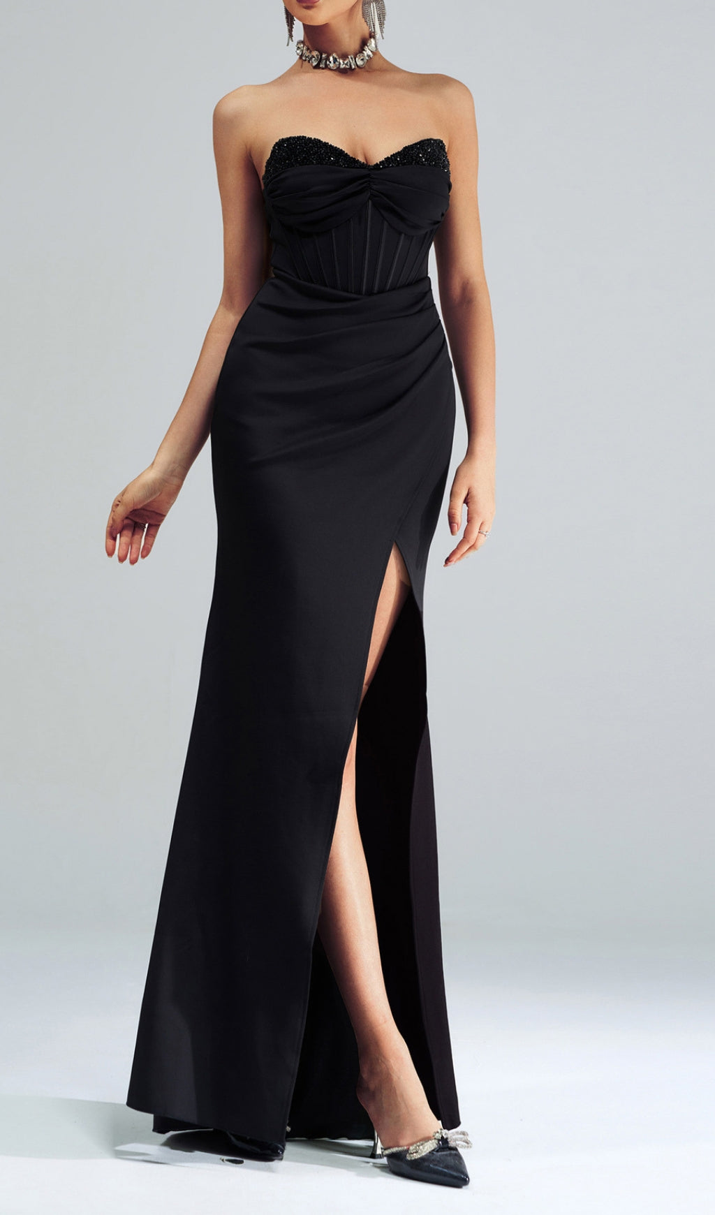 Catiche Black Strapless Corset Maxi Dress