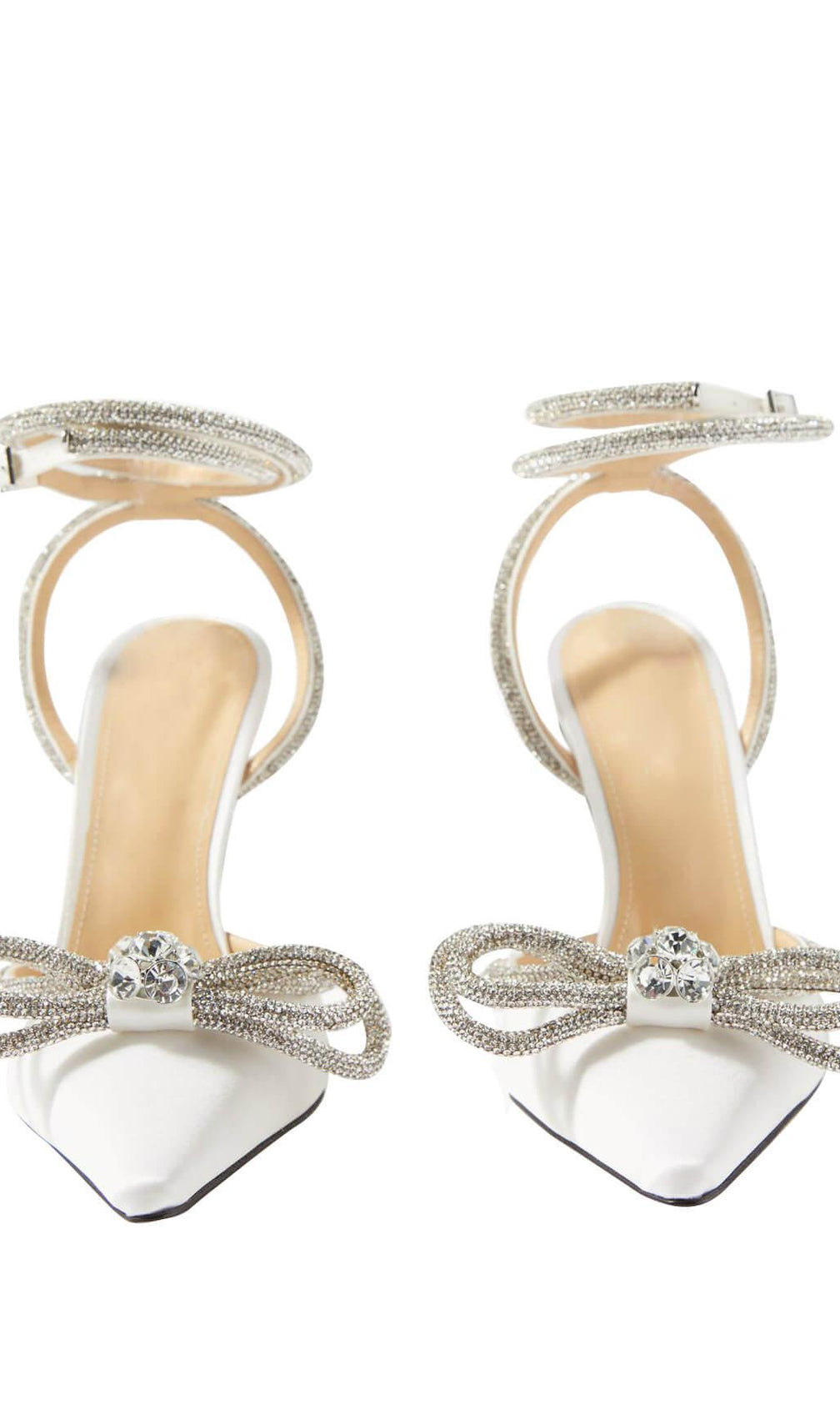 Bow Crystal Satin Heels In White