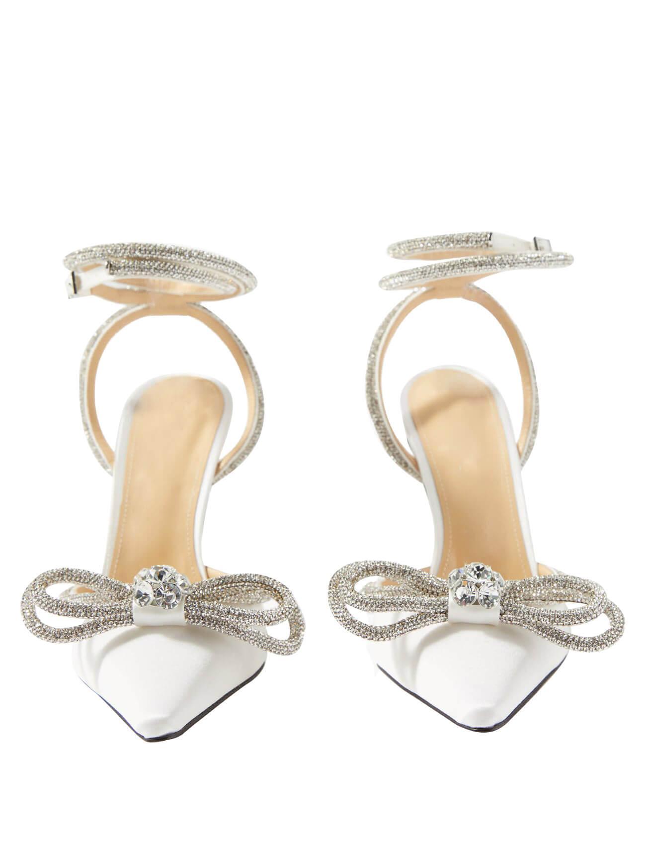 Bow Crystal Satin Heels In White