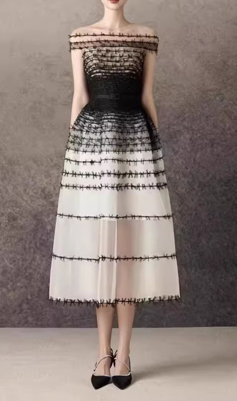 Kaidence Elegant Two-Tone Illusion Neck A-Line Midi Dress - Unique Mesh Lace & Tiered Design