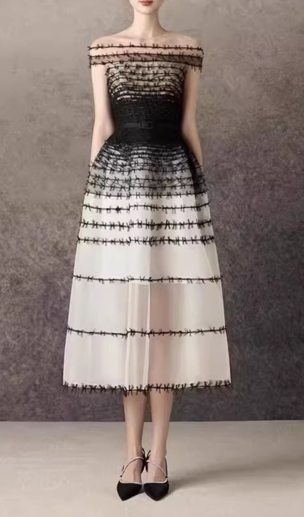 Kaidence Elegant Two-Tone Illusion Neck A-Line Midi Dress - Unique Mesh Lace & Tiered Design