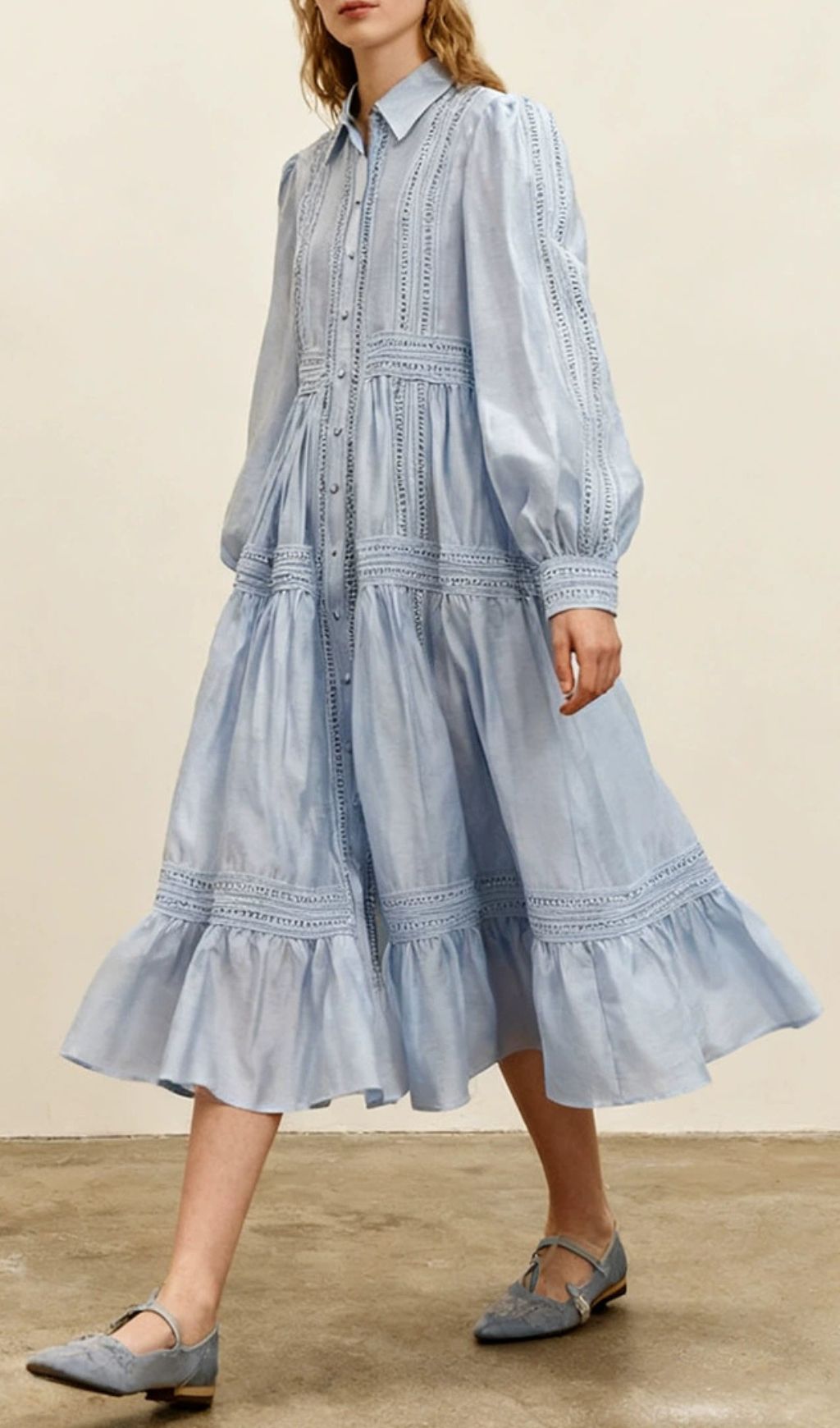 Izumi Sky Blue Lace Tiered Midi Shirtdress | Elegant Long Sleeve Dress for Women