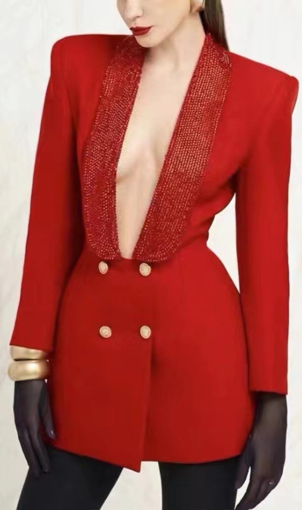 Dana Red Deep-V Diamante Backless Blazer