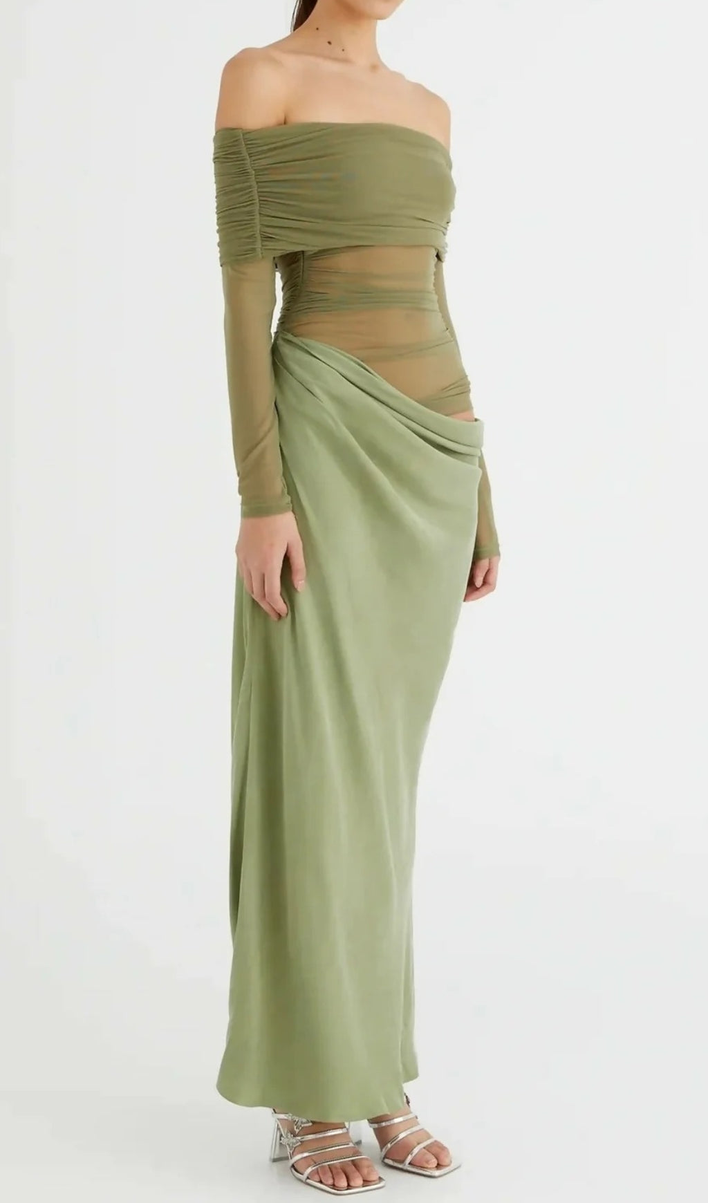 Dawood Green Off-Shoulder Long Sleeve Mesh Maxi Dress