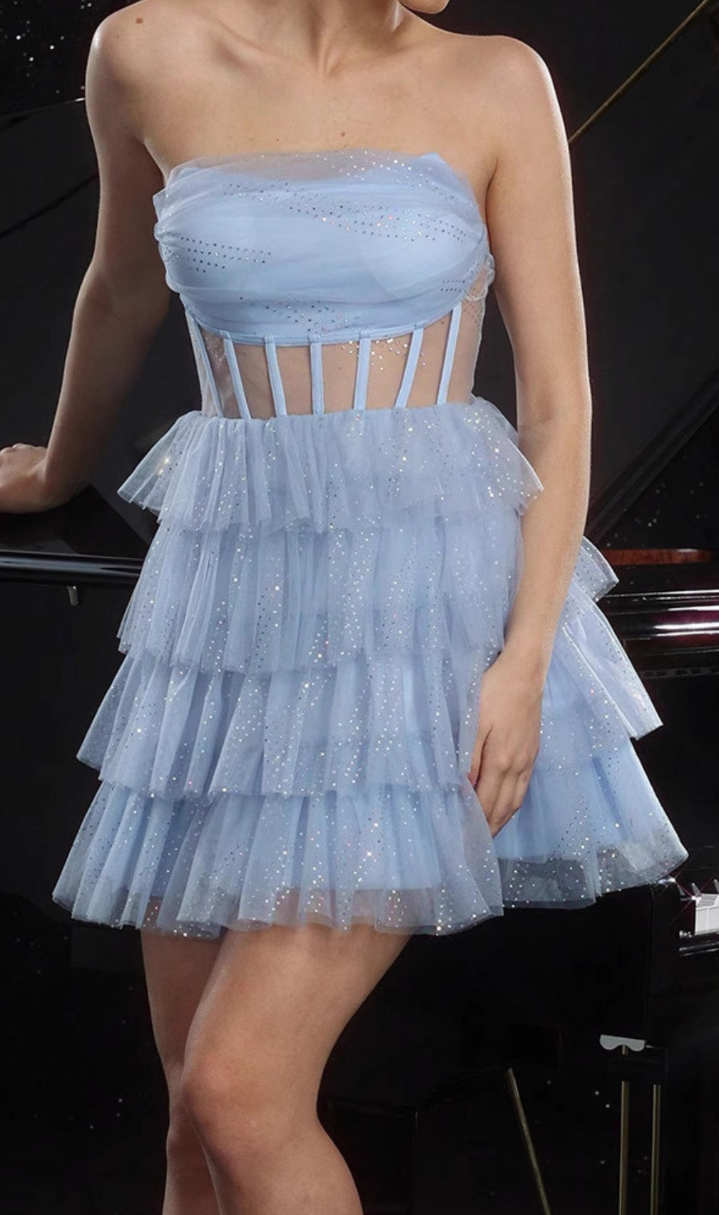 Dembe Blue Strapless Corset Mesh Mini Dress