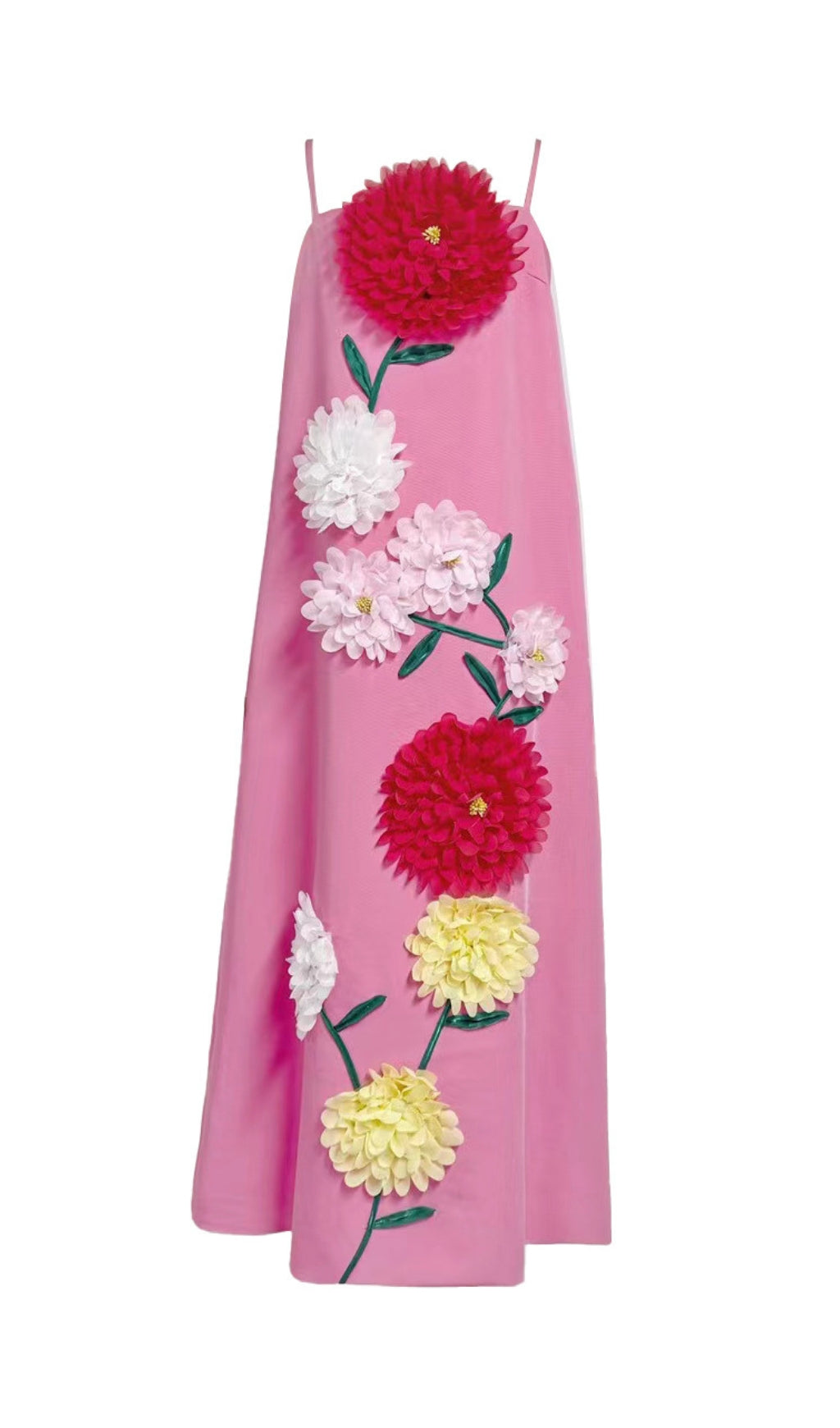 Erica Vibrant Pink 3D Floral Maxi Dress - Elegant Strappy Gown